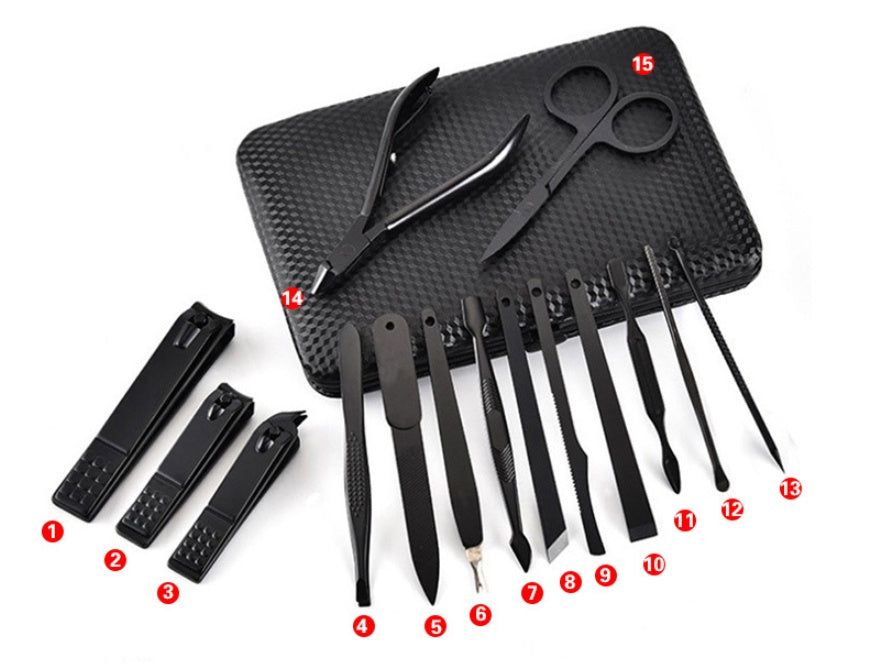 15-Piece Black Stainless Steel Manicure Set – High-End Nail Clippers & Scissors